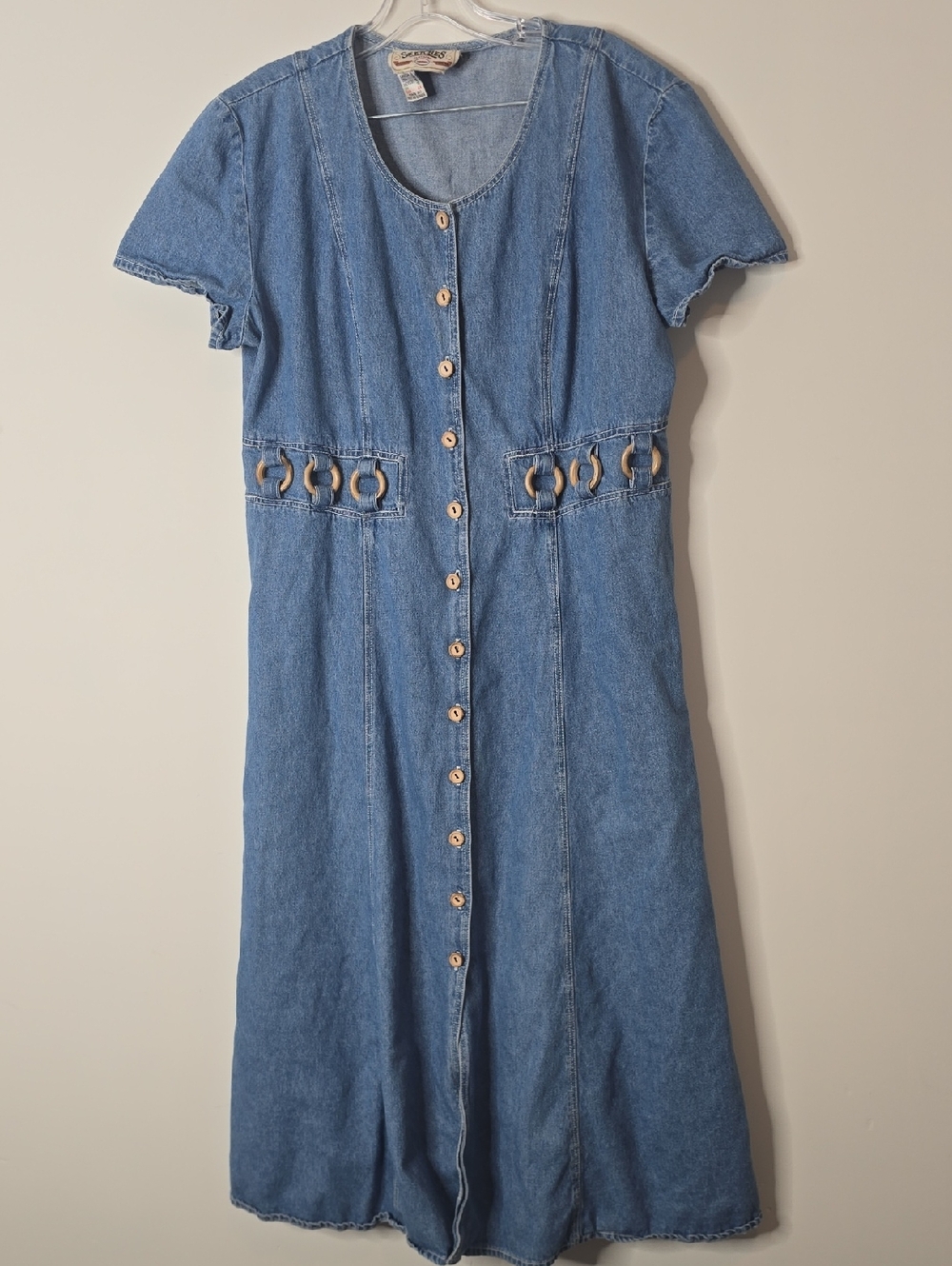 Vintage 90's Denim Button-Front Midi Dress with Ring Detail – Boho Cottagecore